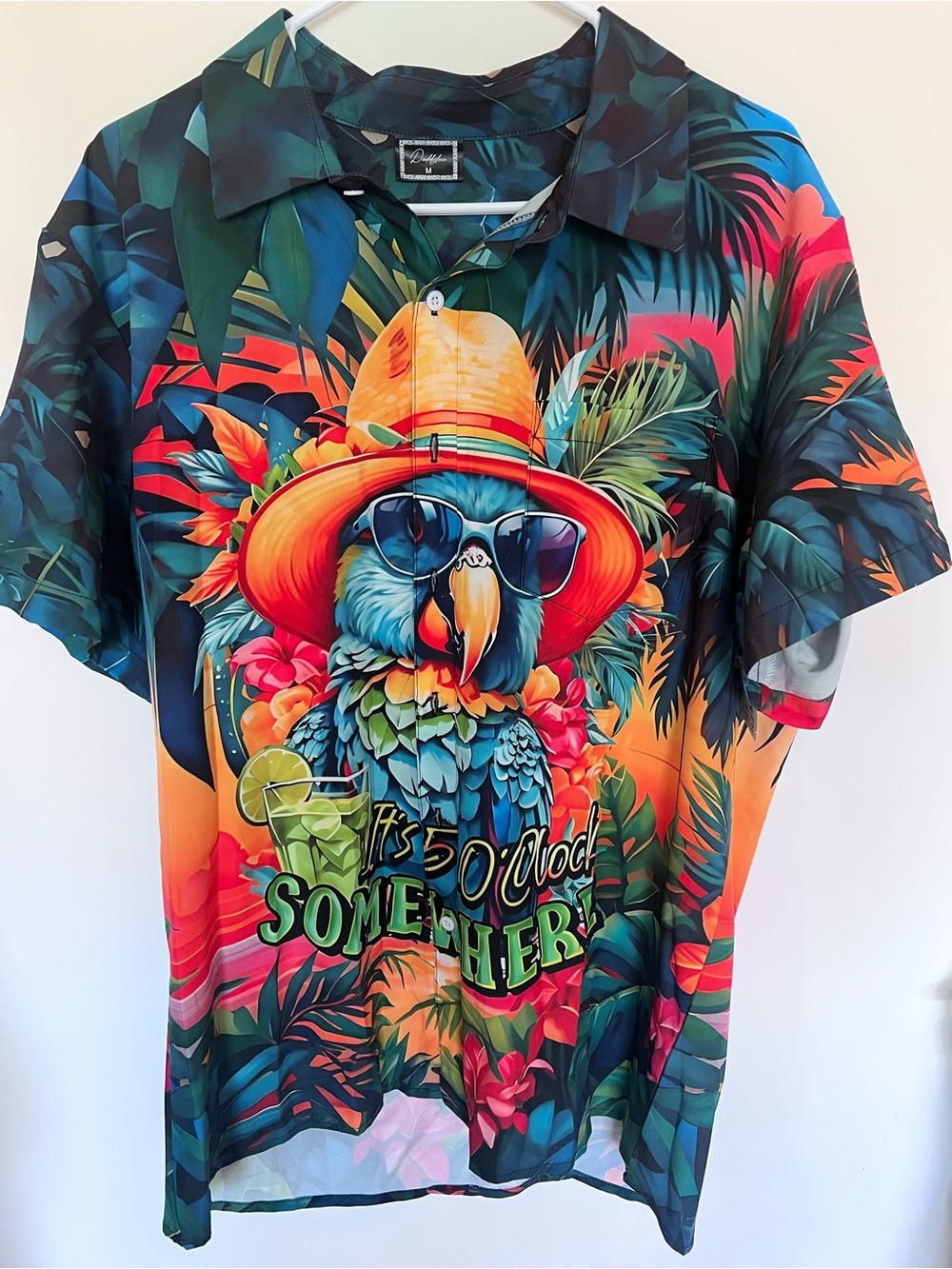 Daiia Men’s Tropical Parrot Print  “It’s 5 0’clock Somewhere” Print Short-Sleeve